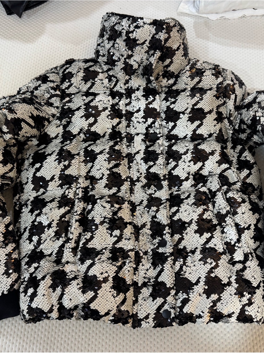 Black & White Houndstooth Sequin Puffer Jacket